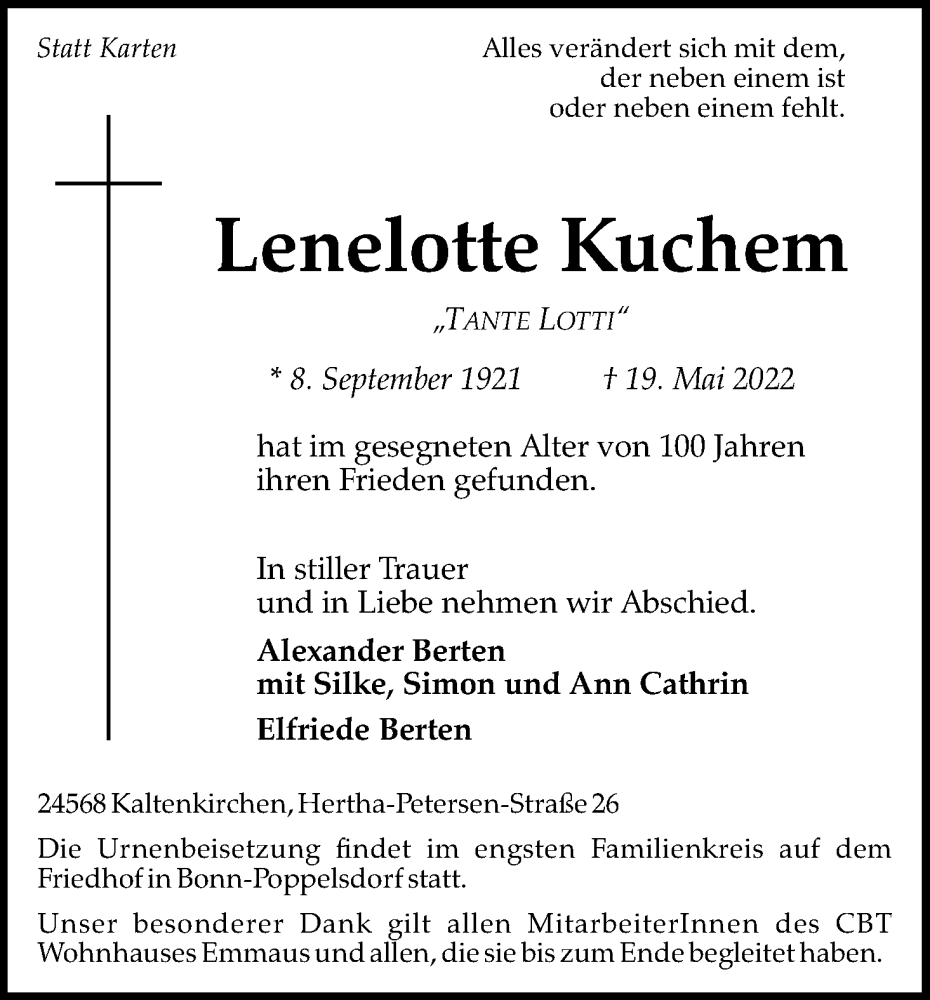  Traueranzeige für Lenelotte Kuchem vom 28.05.2022 aus Kölner Stadt-Anzeiger / Kölnische Rundschau / Express