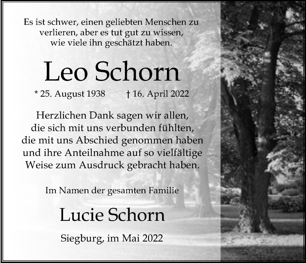  Traueranzeige für Leo Schorn vom 28.05.2022 aus Kölner Stadt-Anzeiger / Kölnische Rundschau / Express