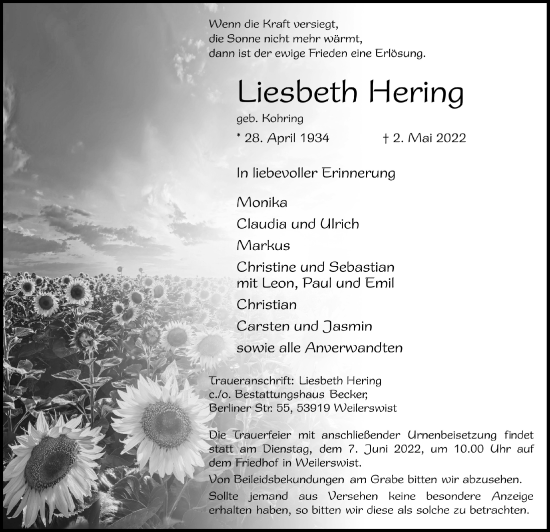 Anzeige von Liesbeth Hering von  Blickpunkt Euskirchen 