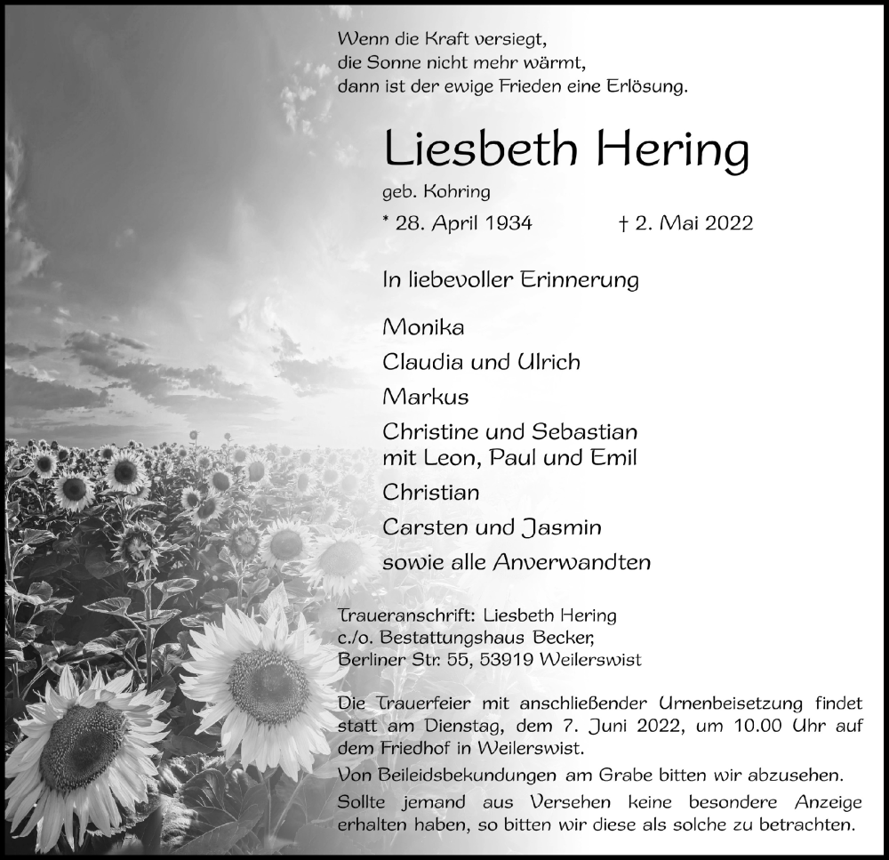  Traueranzeige für Liesbeth Hering vom 14.05.2022 aus  Blickpunkt Euskirchen 