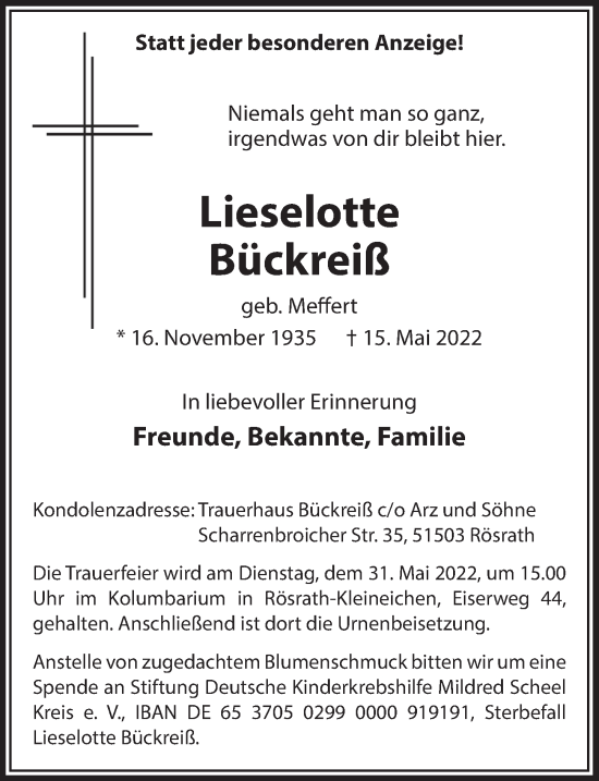 Anzeige von Lieselotte Bückreiß von  Bergisches Handelsblatt 