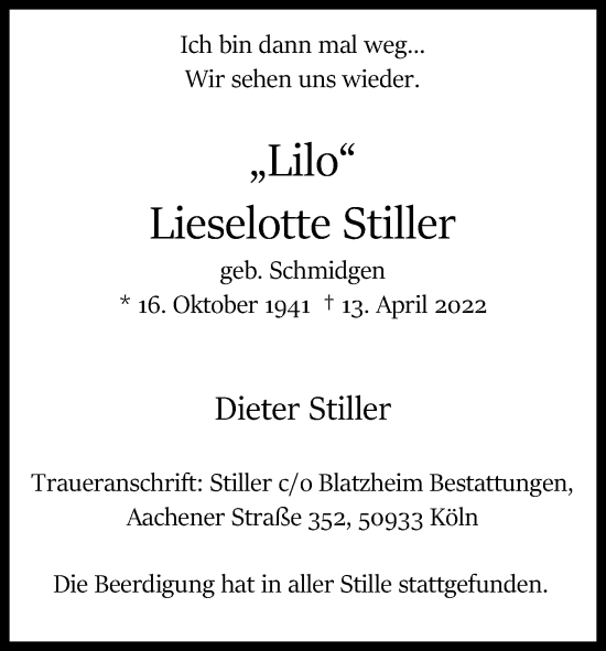 Anzeige von Lieselotte Stiller von Kölner Stadt-Anzeiger / Kölnische Rundschau / Express