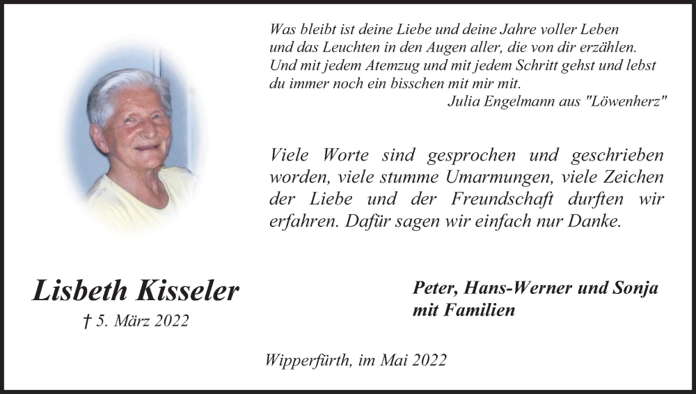  Traueranzeige für Lisbeth Kisseler vom 14.05.2022 aus Kölner Stadt-Anzeiger / Kölnische Rundschau / Express