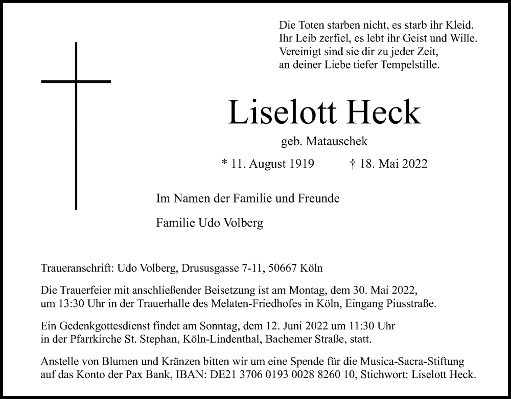  Traueranzeige für Liselott Heck vom 25.05.2022 aus Kölner Stadt-Anzeiger / Kölnische Rundschau / Express