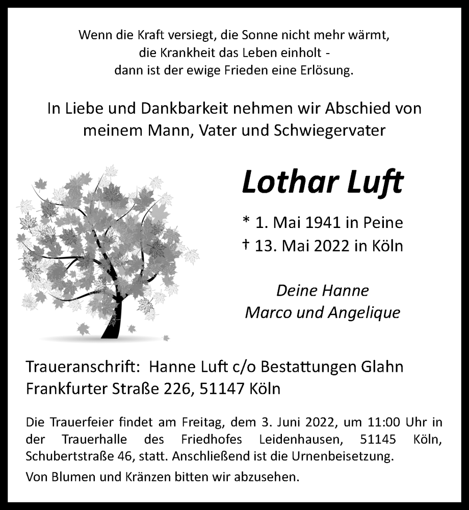  Traueranzeige für Lothar Luft vom 20.05.2022 aus  EXPRESS - Die Woche 