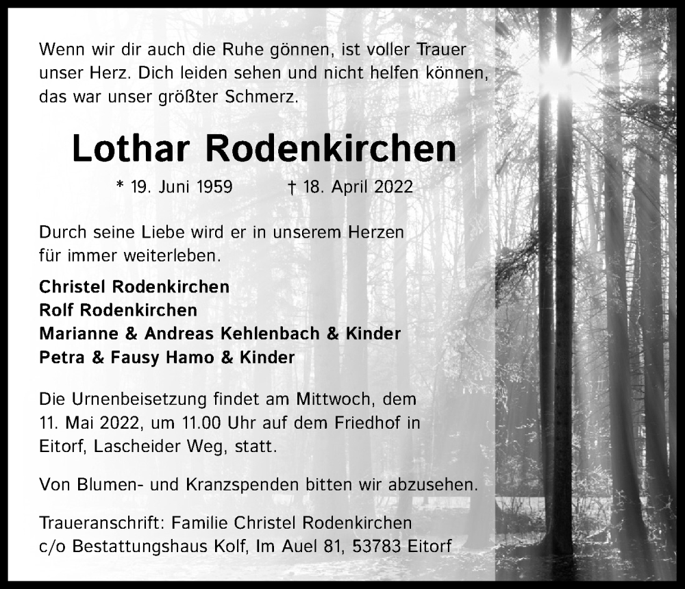  Traueranzeige für Lothar Rodenkirchen vom 07.05.2022 aus Kölner Stadt-Anzeiger / Kölnische Rundschau / Express
