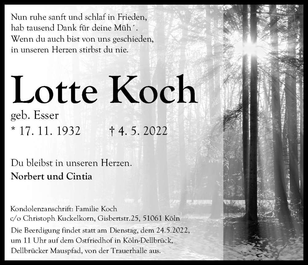  Traueranzeige für Lotte Koch vom 21.05.2022 aus Kölner Stadt-Anzeiger / Kölnische Rundschau / Express