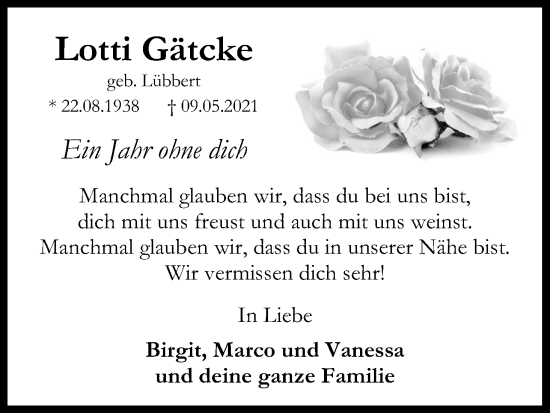 Anzeige von Lotti Gätcke von Kölner Stadt-Anzeiger / Kölnische Rundschau / Express