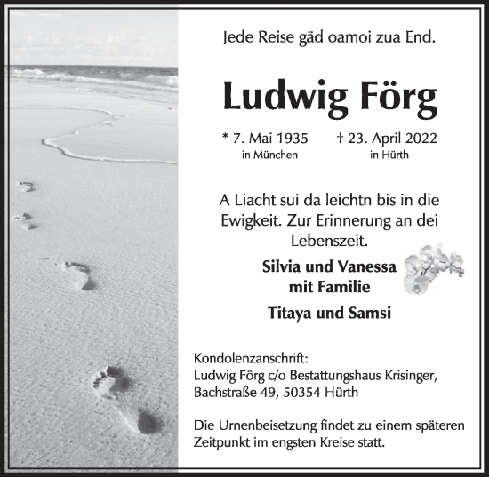 Anzeige von Ludwig Förg von  Wochenende 
