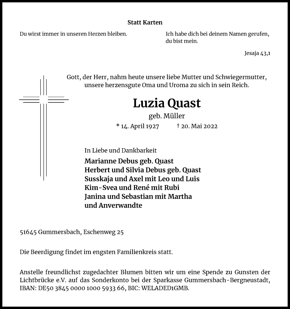  Traueranzeige für Luzia Quast vom 25.05.2022 aus Kölner Stadt-Anzeiger / Kölnische Rundschau / Express