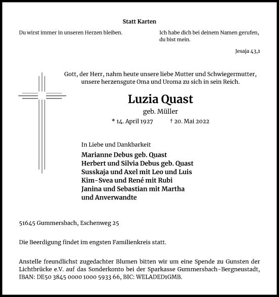 Anzeige von Luzia Quast von Kölner Stadt-Anzeiger / Kölnische Rundschau / Express