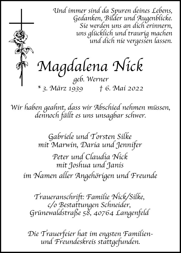  Traueranzeige für Magdalena Nick vom 21.05.2022 aus Kölner Stadt-Anzeiger / Kölnische Rundschau / Express