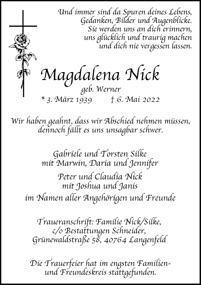  Traueranzeige für Magdalena Nick vom 20.05.2022 aus  Lokale Informationen 