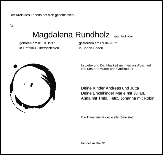 Anzeige von Magdalena Rundholz von Kölner Stadt-Anzeiger / Kölnische Rundschau / Express