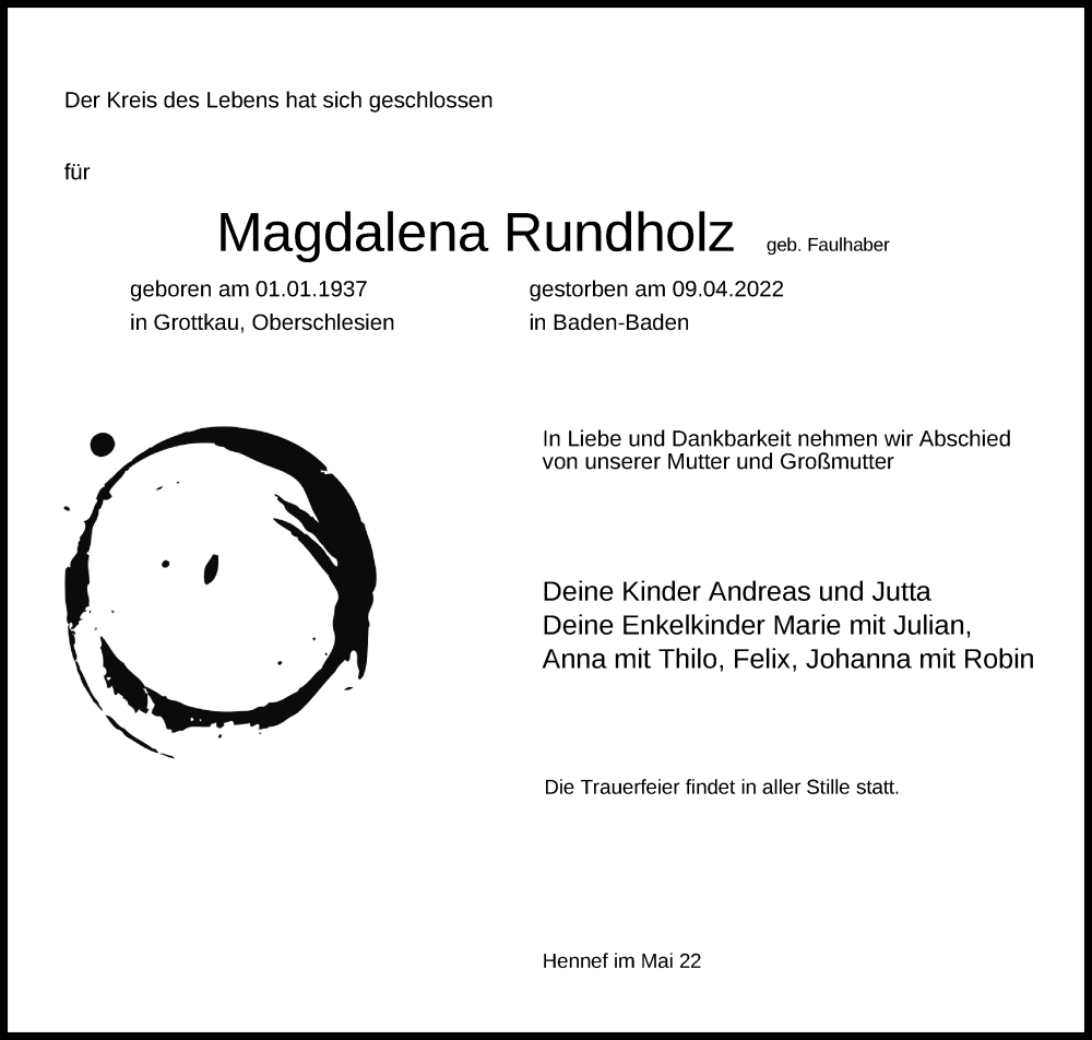  Traueranzeige für Magdalena Rundholz vom 07.05.2022 aus Kölner Stadt-Anzeiger / Kölnische Rundschau / Express