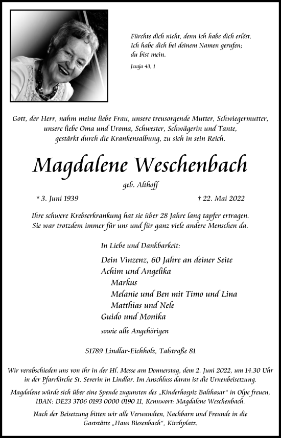 Anzeige von Magdarene Weschenbach von Kölner Stadt-Anzeiger / Kölnische Rundschau / Express