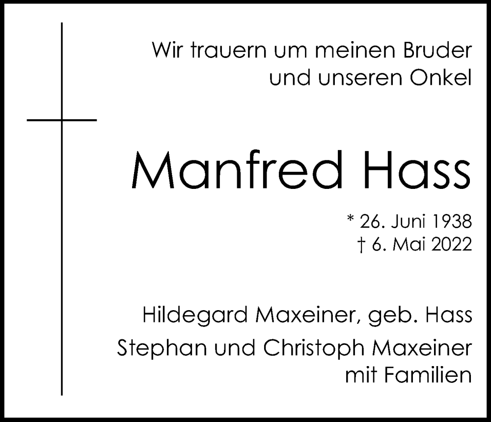  Traueranzeige für Manfred Hass vom 11.05.2022 aus Kölner Stadt-Anzeiger / Kölnische Rundschau / Express