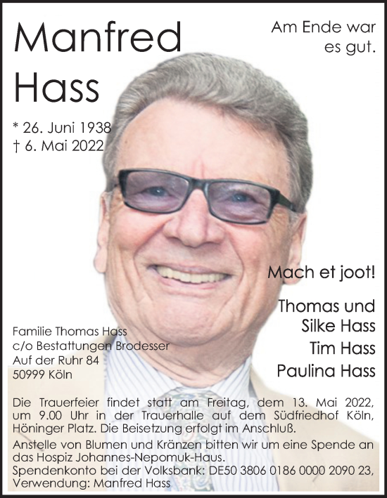 Anzeige von Manfred Hass von Kölner Stadt-Anzeiger / Kölnische Rundschau / Express