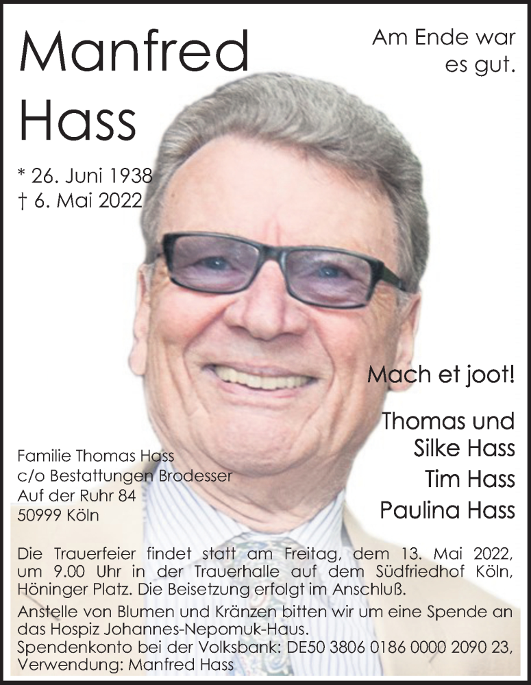  Traueranzeige für Manfred Hass vom 11.05.2022 aus Kölner Stadt-Anzeiger / Kölnische Rundschau / Express