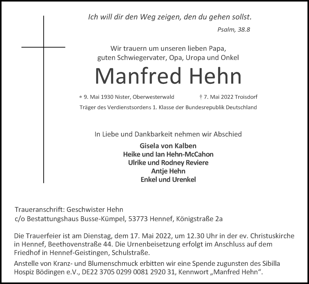  Traueranzeige für Manfred Hehn vom 11.05.2022 aus Kölner Stadt-Anzeiger / Kölnische Rundschau / Express