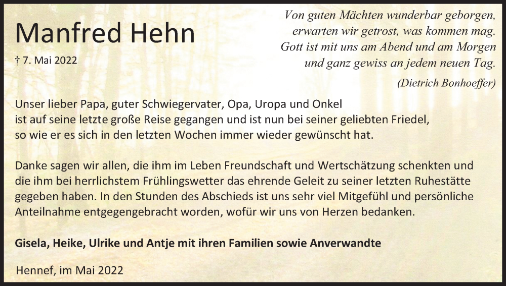  Traueranzeige für Manfred Hehn vom 28.05.2022 aus Kölner Stadt-Anzeiger / Kölnische Rundschau / Express
