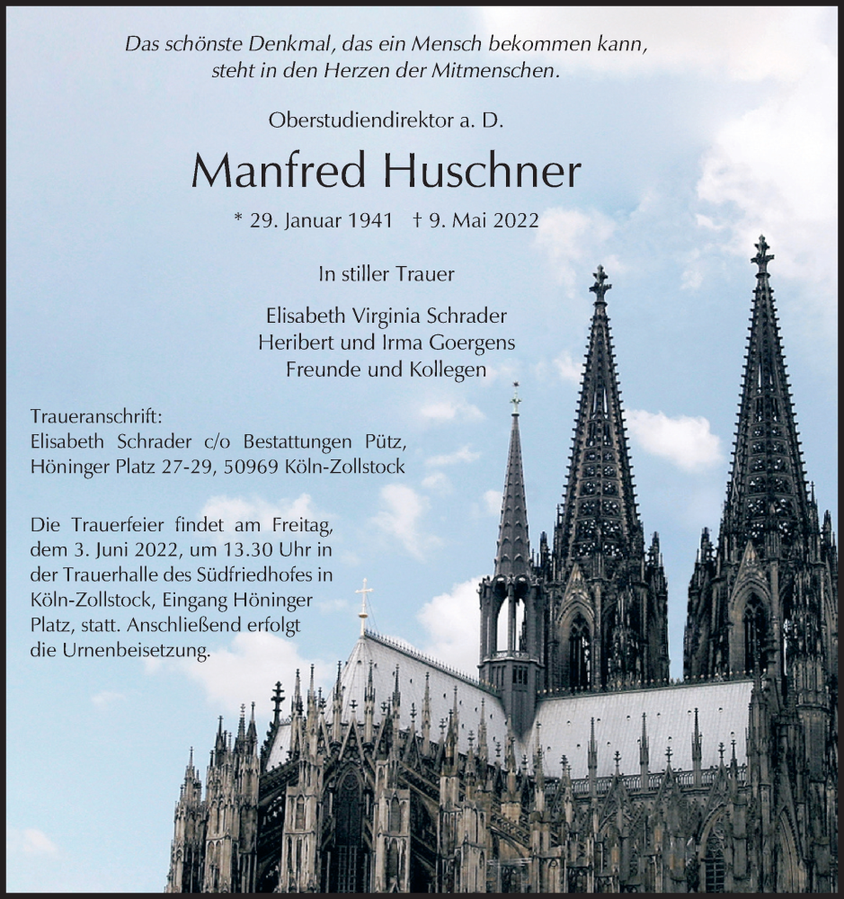  Traueranzeige für Manfred Huschner vom 21.05.2022 aus Kölner Stadt-Anzeiger / Kölnische Rundschau / Express
