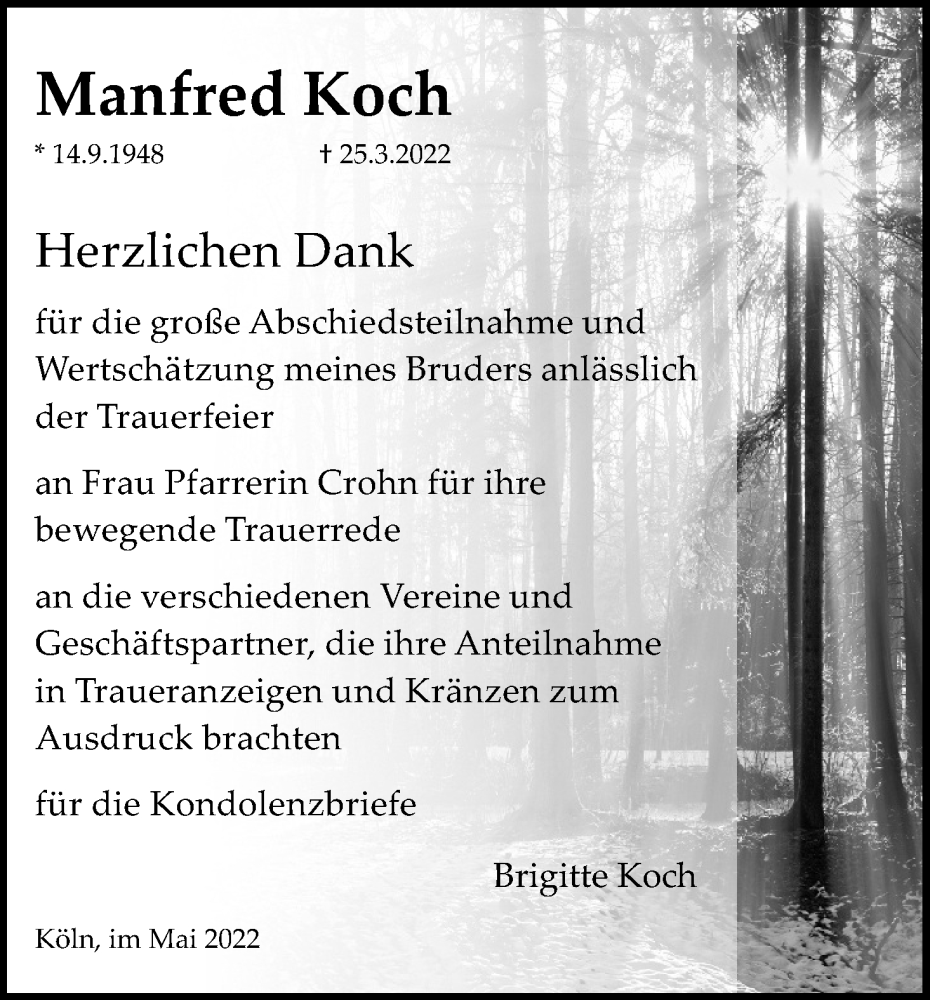  Traueranzeige für Manfred Koch vom 28.05.2022 aus Kölner Stadt-Anzeiger / Kölnische Rundschau / Express