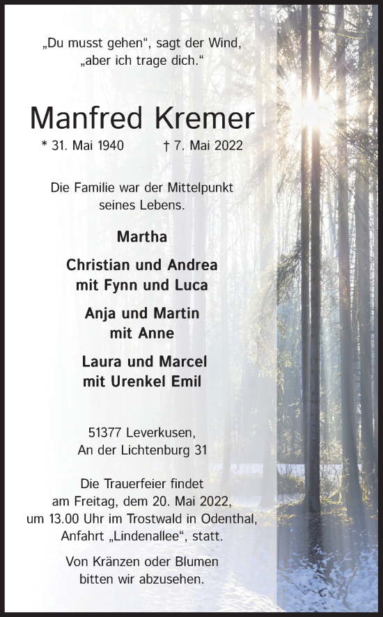 Anzeige von Manfred Kremer von Kölner Stadt-Anzeiger / Kölnische Rundschau / Express