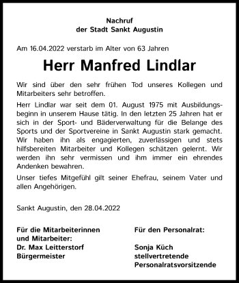 Anzeige von Manfred Lindlar von Kölner Stadt-Anzeiger / Kölnische Rundschau / Express