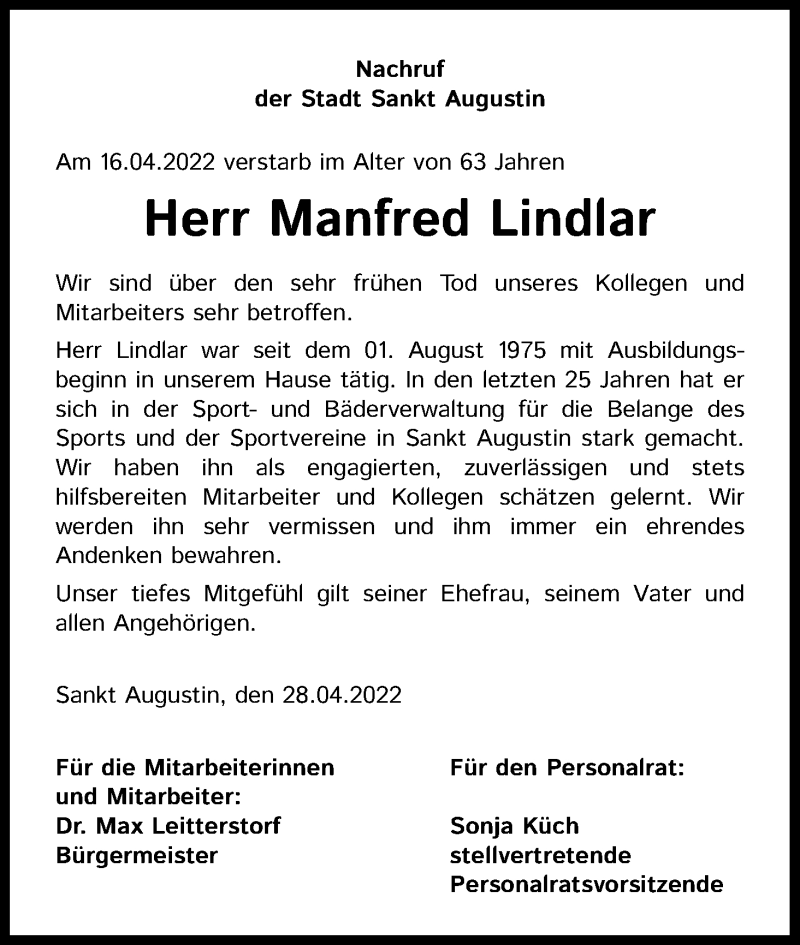  Traueranzeige für Manfred Lindlar vom 30.04.2022 aus Kölner Stadt-Anzeiger / Kölnische Rundschau / Express