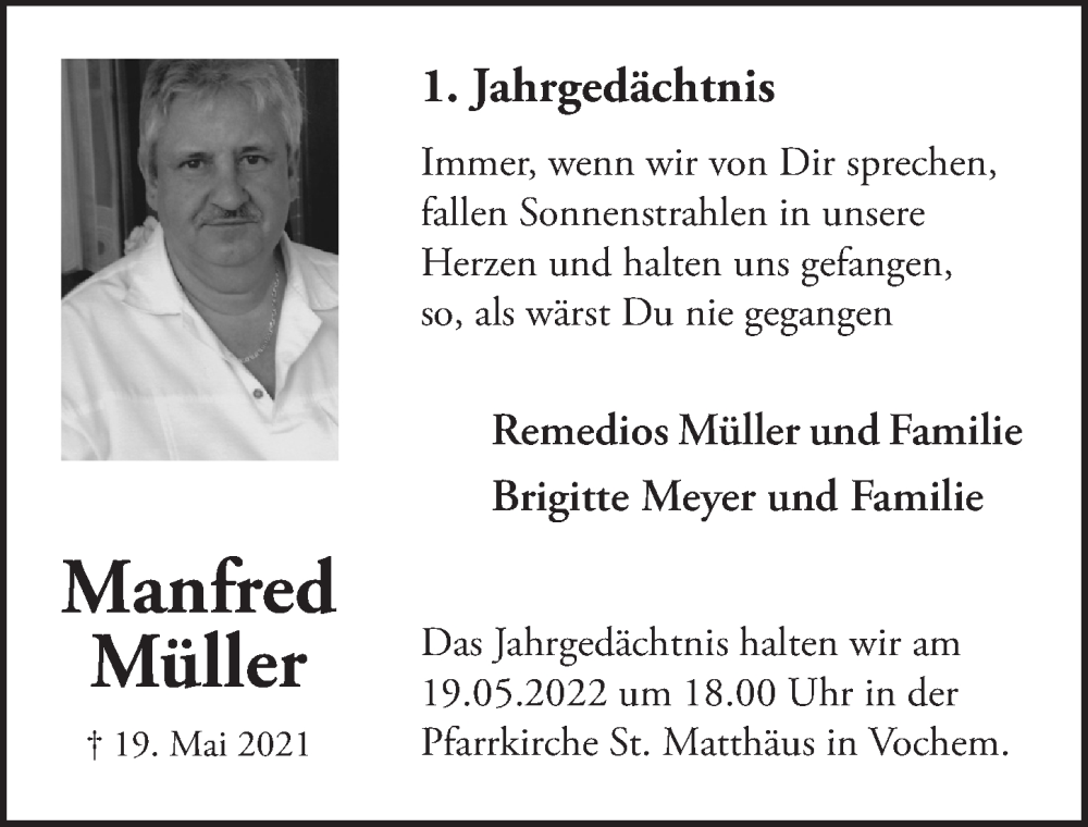  Traueranzeige für Manfred Müller vom 13.05.2022 aus  Schlossbote/Werbekurier 