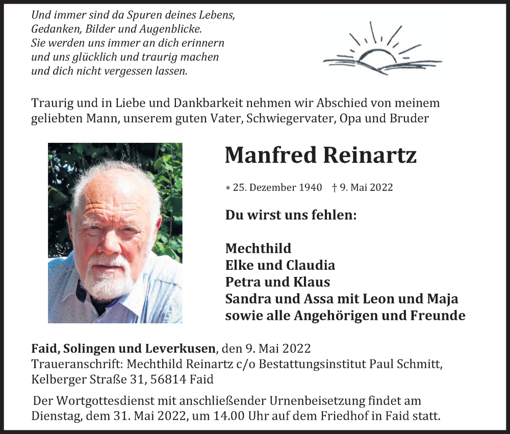  Traueranzeige für Manfred Reinartz vom 21.05.2022 aus Kölner Stadt-Anzeiger / Kölnische Rundschau / Express