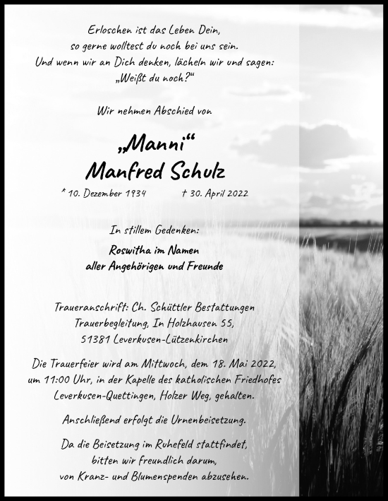 Anzeige von Manfred Schulz von Kölner Stadt-Anzeiger / Kölnische Rundschau / Express