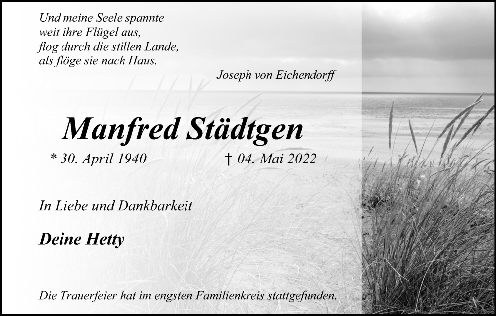  Traueranzeige für Manfred Städtgen vom 20.05.2022 aus Kölner Stadt-Anzeiger / Kölnische Rundschau / Express