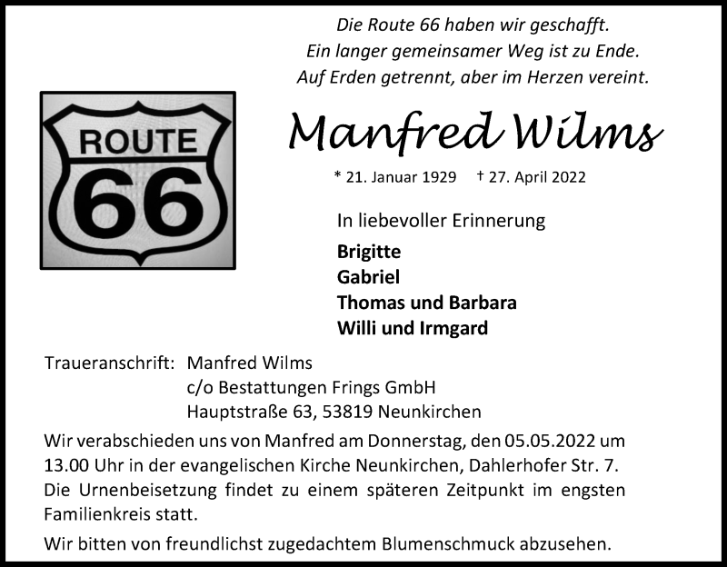  Traueranzeige für Manfred Wilms vom 03.05.2022 aus Kölner Stadt-Anzeiger / Kölnische Rundschau / Express