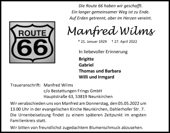 Anzeige von Manfred Wilms von Kölner Stadt-Anzeiger / Kölnische Rundschau / Express