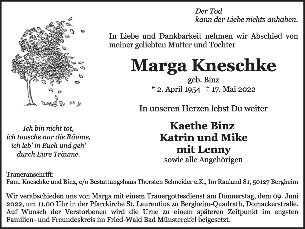  Traueranzeige für Marga Kneschke vom 27.05.2022 aus  Werbepost 