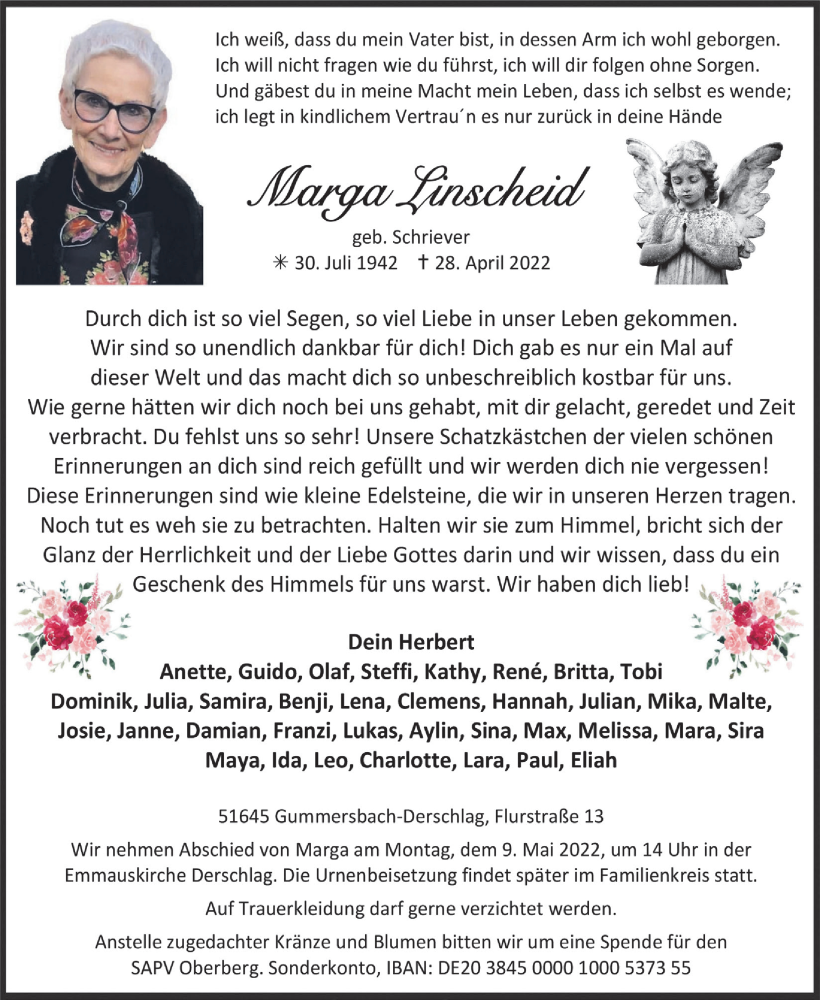  Traueranzeige für Marga Linscheid vom 06.05.2022 aus  Anzeigen Echo 