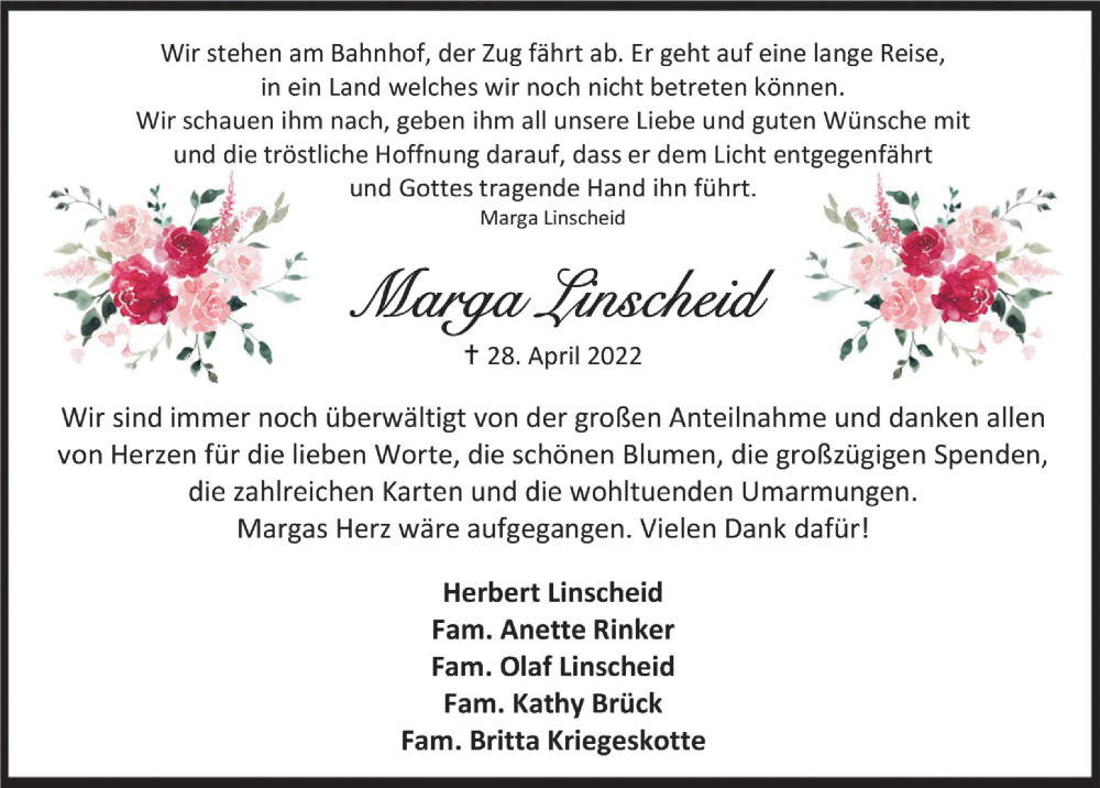  Traueranzeige für Marga Linscheid vom 27.05.2022 aus  Anzeigen Echo 