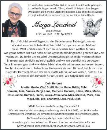 Anzeige von Marga Linscheid von Kölner Stadt-Anzeiger / Kölnische Rundschau / Express