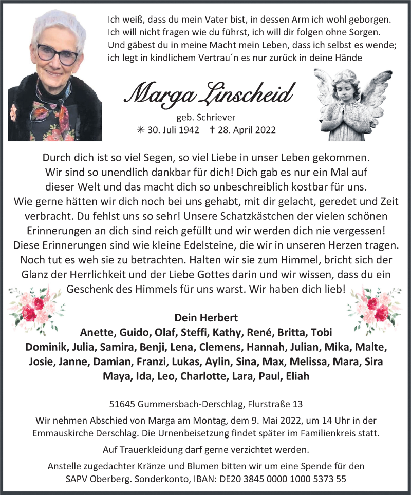  Traueranzeige für Marga Linscheid vom 03.05.2022 aus Kölner Stadt-Anzeiger / Kölnische Rundschau / Express