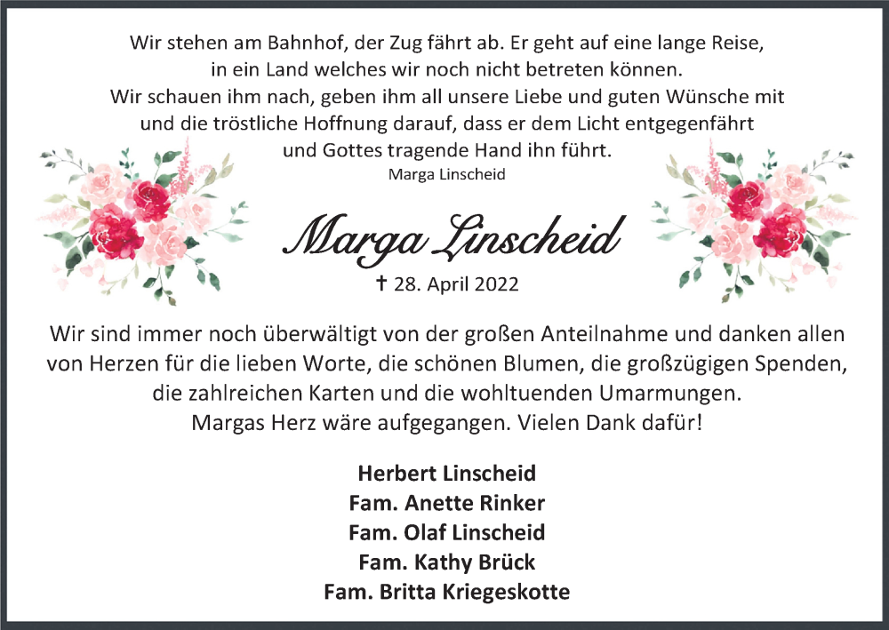 Traueranzeige für Marga Linscheid vom 25.05.2022 aus Kölner Stadt-Anzeiger / Kölnische Rundschau / Express