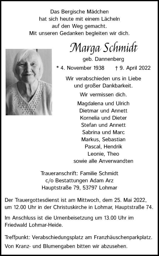  Traueranzeige für Marga Schmidt vom 14.05.2022 aus Kölner Stadt-Anzeiger / Kölnische Rundschau / Express