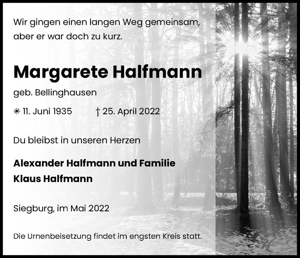  Traueranzeige für Margarete Halfmann vom 14.05.2022 aus Kölner Stadt-Anzeiger / Kölnische Rundschau / Express