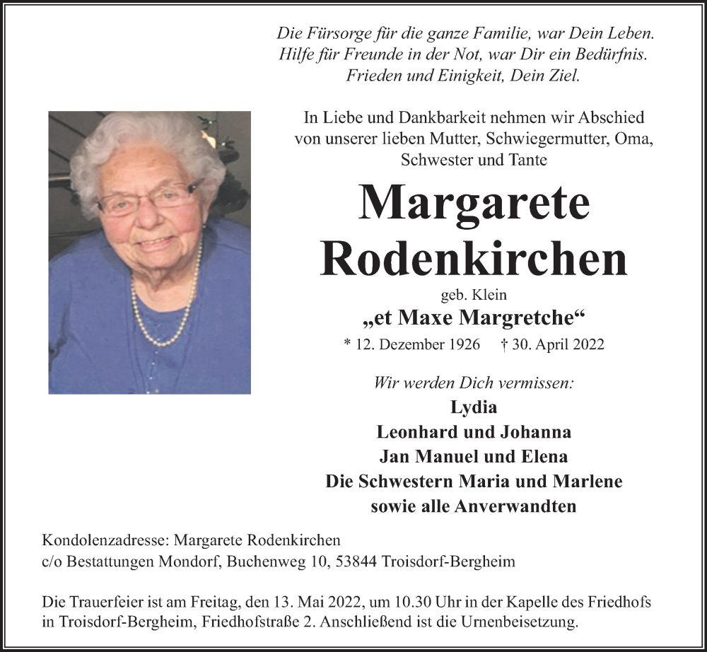  Traueranzeige für Margarete Rodenkirchen vom 07.05.2022 aus Kölner Stadt-Anzeiger / Kölnische Rundschau / Express