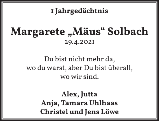 Anzeige von Margarete  Solbach von  Wochenende 