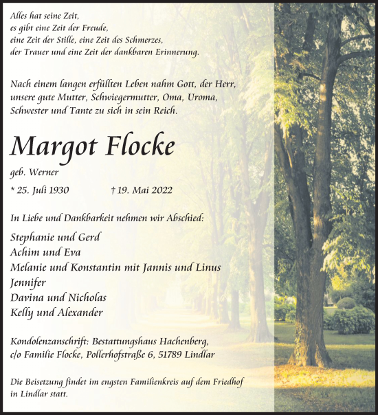 Anzeige von Margot Flocke von Kölner Stadt-Anzeiger / Kölnische Rundschau / Express