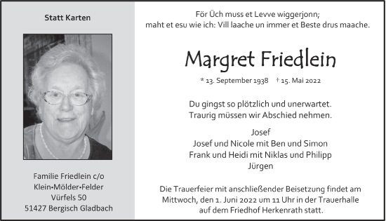 Anzeige von Margret Friedlein von  Bergisches Handelsblatt 