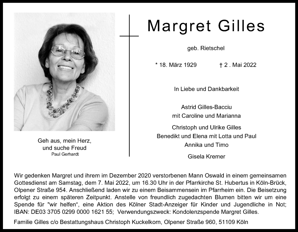  Traueranzeige für Margret Gilles vom 07.05.2022 aus Kölner Stadt-Anzeiger / Kölnische Rundschau / Express