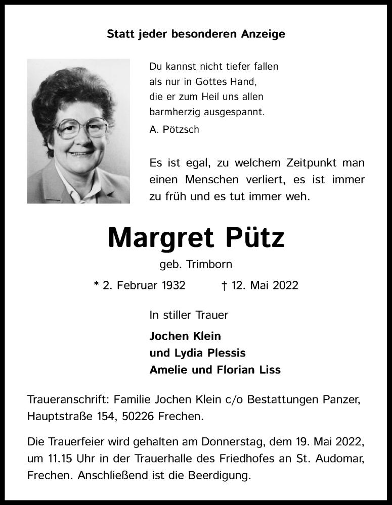  Traueranzeige für Margret Pütz vom 14.05.2022 aus Kölner Stadt-Anzeiger / Kölnische Rundschau / Express